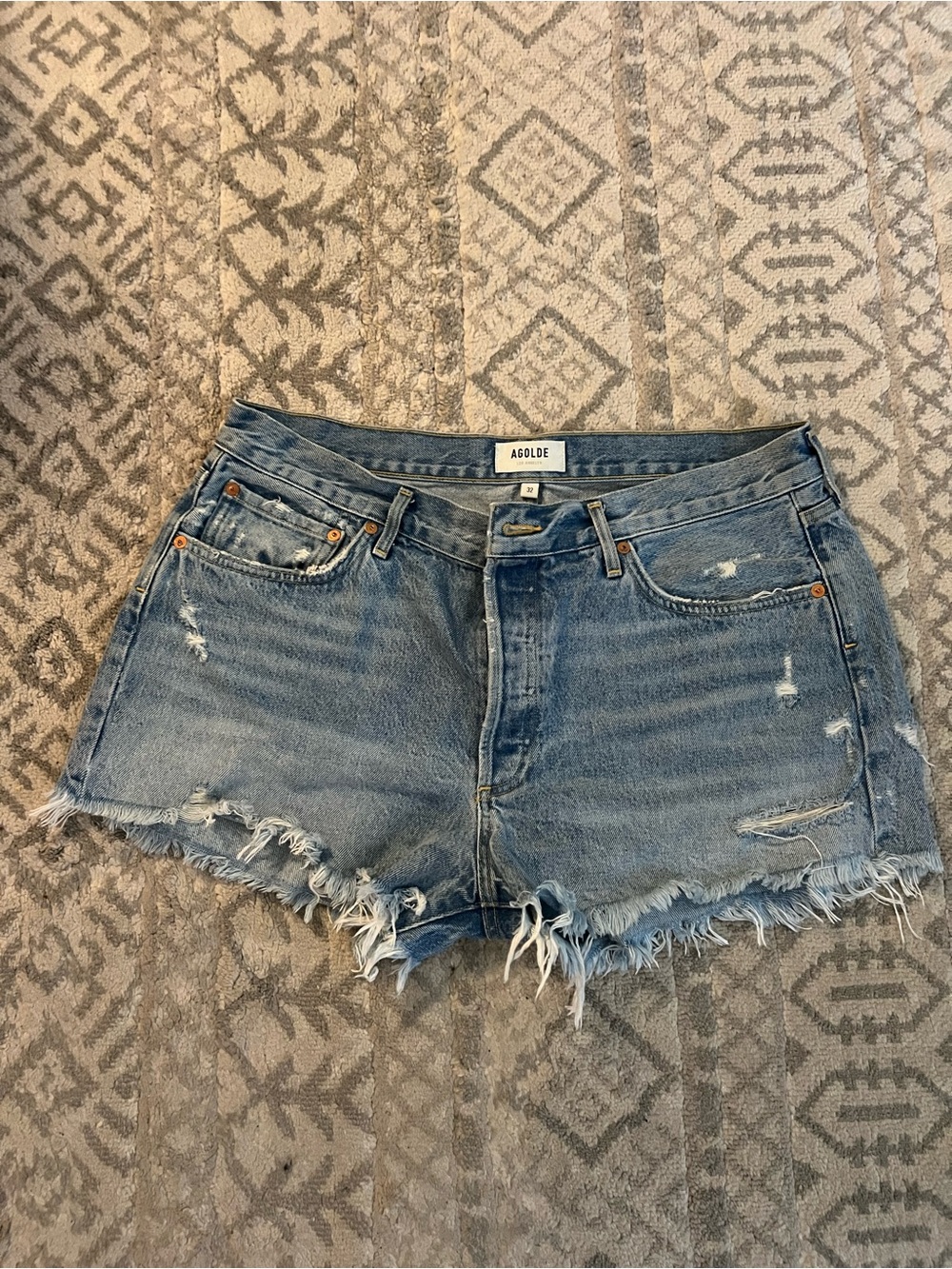 AGOLDE Parker button-fly Blue Jean Distressed Denim Cutoff Shorts 32